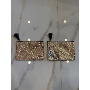Ipsy‎ Gold Sequin Black Faux Leather Tassel Makeup Bag Set of 2 Cosmetic Pouches